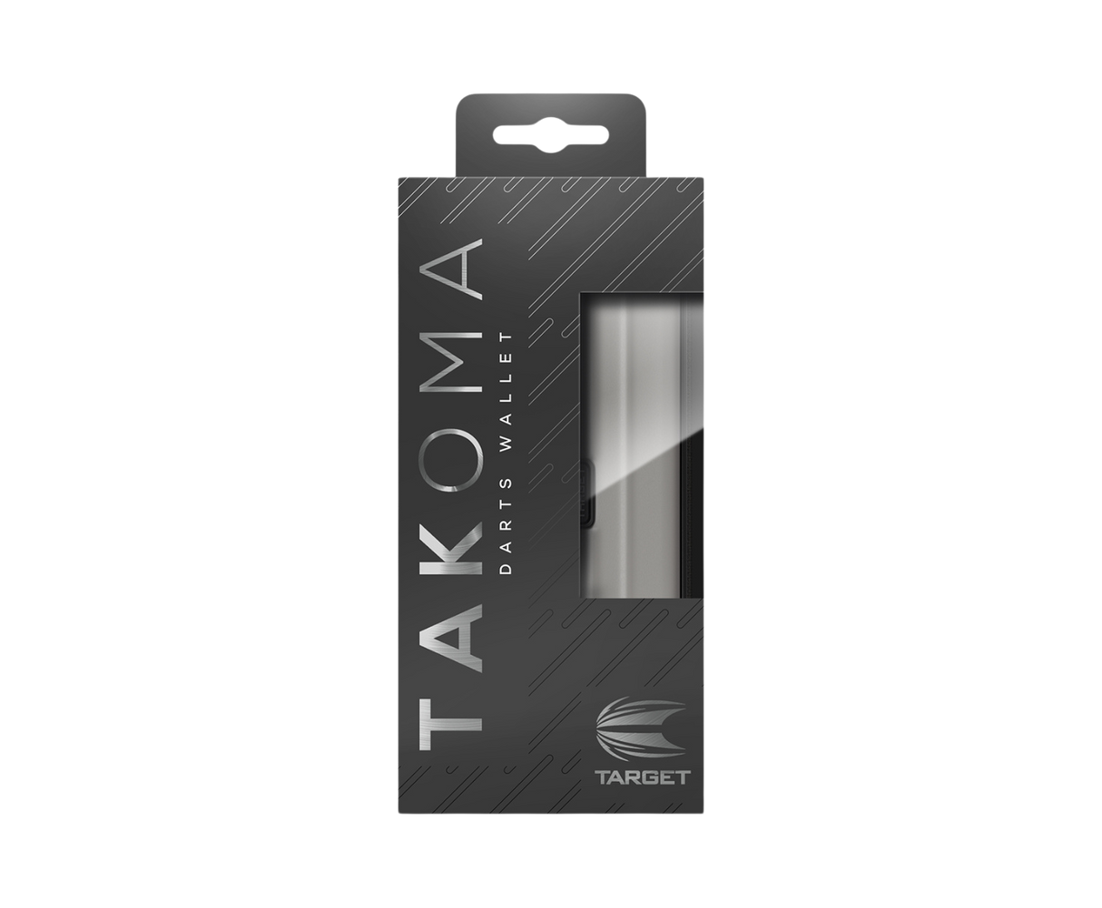 Takoma Grey darts case in retail packaging with display window, ideal for storing darts and accessories