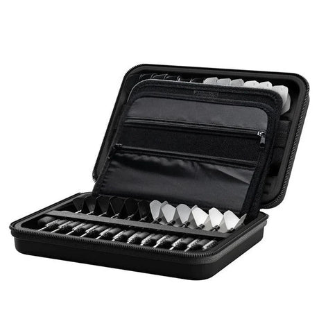 Open darts case angled view displaying multiple dart compartments, white dart flights, and storage pockets for accessories