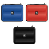 Three dart cases in blue, red, and black shown from the front, full view on white background, displaying hard shell exterior design