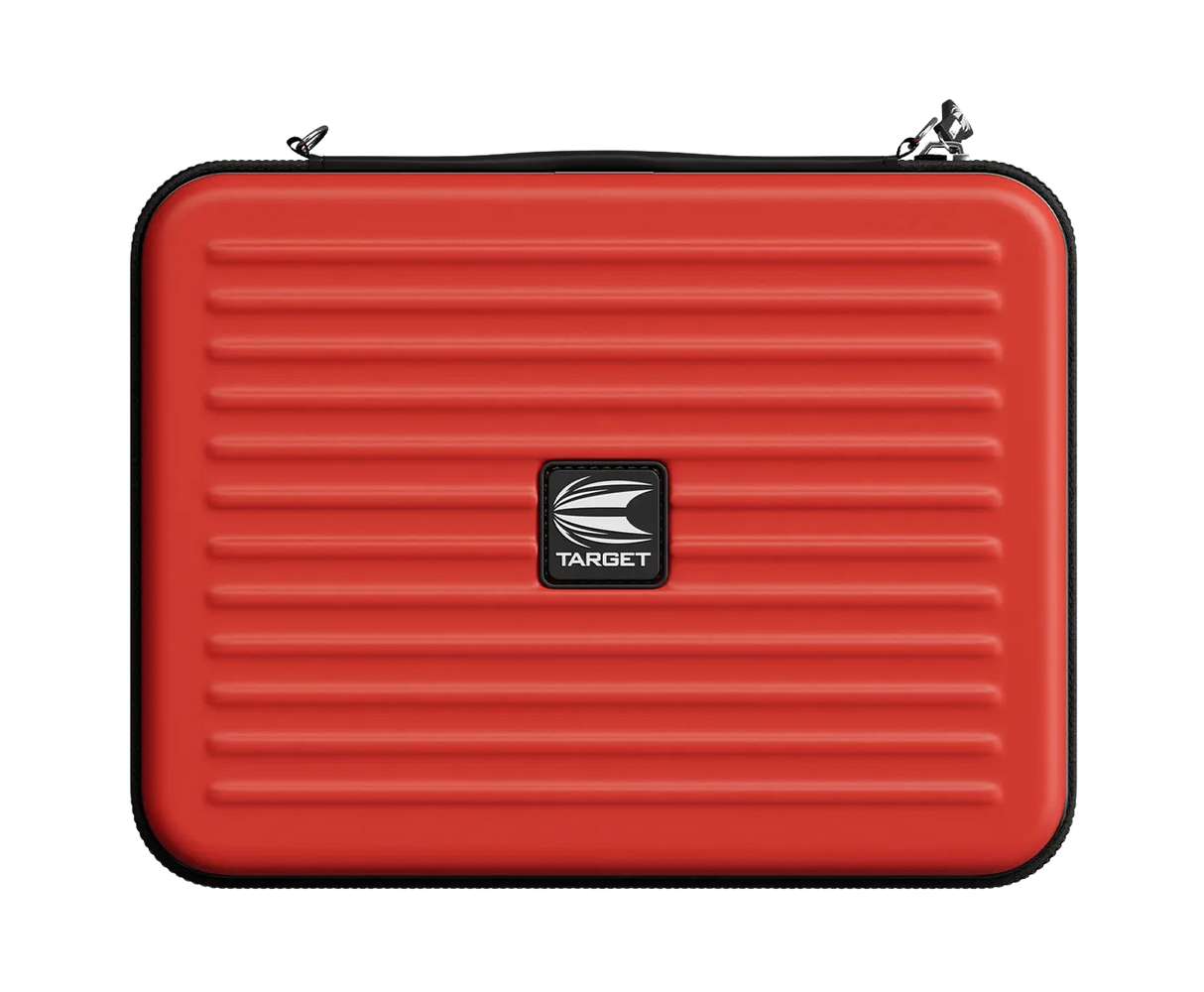 Red darts case with ribbed texture and central logo, full product view on white background, ideal for dart storage and accessories