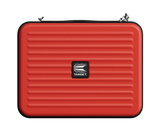 Red darts case with ribbed texture and central logo, full product view on white background, ideal for dart storage and accessories