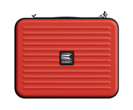 Red darts case with ribbed texture and central logo, full product view on white background, ideal for dart storage and accessories