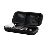 Open darts case with three assembled darts secured by elastic strap, mesh pockets visible, angled view on white background