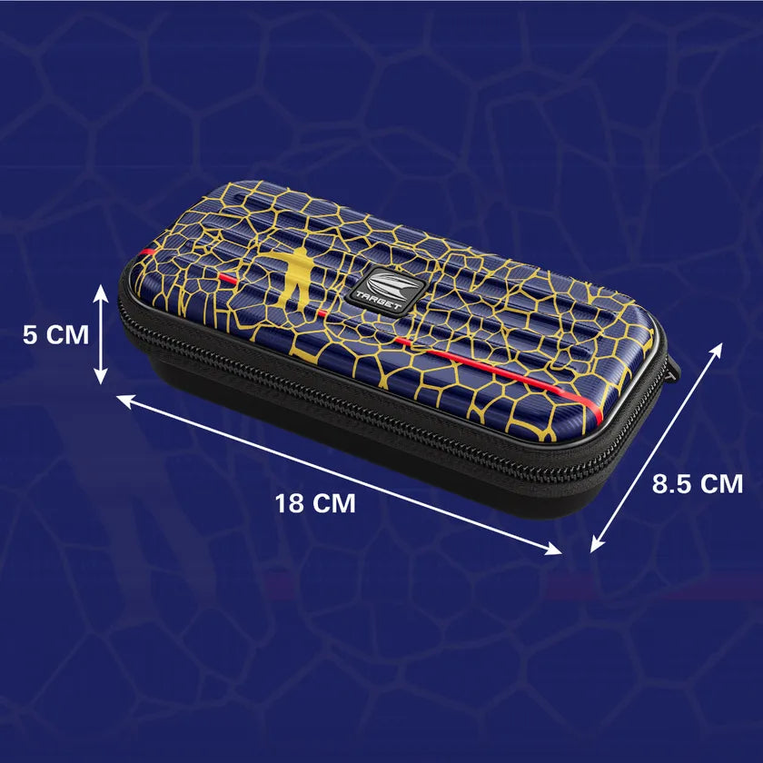 Angled view of Takoma Josh Rock Darts Case with blue and gold design, zipper closure, and annotated dimensions 18 x 8.5 x 5 cm for scale