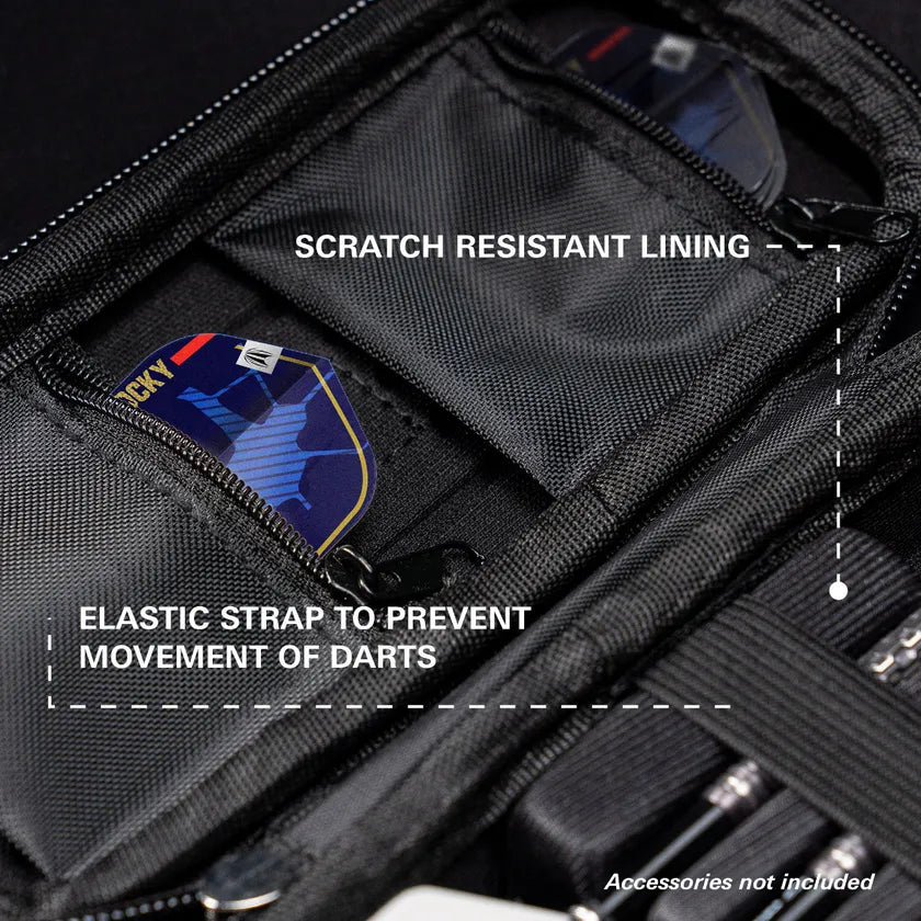 Close-up of darts case interior showing scratch-resistant lining, elastic strap for dart security, and dart flights in zip pockets