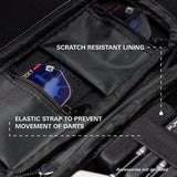 Close-up of darts case interior showing scratch-resistant lining, elastic strap for dart security, and dart flights in zip pockets