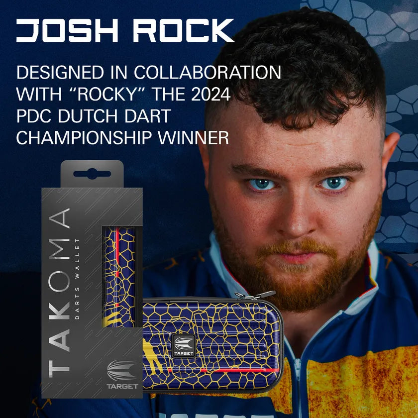 Takoma Josh Rock darts case in packaging and loose, hex pattern design, lifestyle shot with professional player background