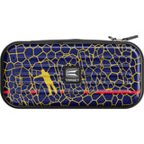Front view of Takoma Josh Rock darts case with blue hard shell, gold pattern, silhouette, and visible zipper closure