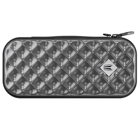 Grey hard-shell darts case with textured diamond pattern, zipper closure, and protective ABS exterior on white background
