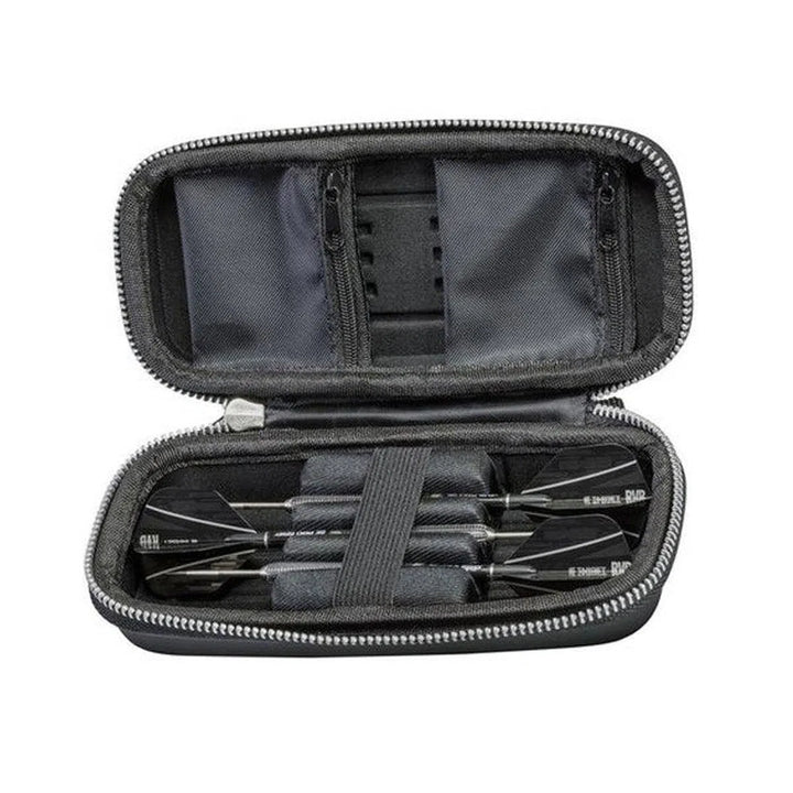 Open hard darts case in top-down view displaying three assembled darts secured by elastic, with interior storage compartments