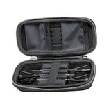 Open hard darts case in top-down view displaying three assembled darts secured by elastic, with interior storage compartments