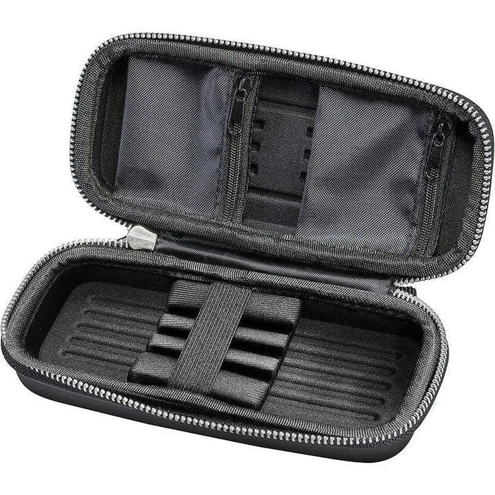 Open darts case top-down with foam slots, zippered pockets, and elastic straps for secure dart storage and accessory organization.