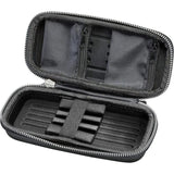 Open darts case top-down with foam slots, zippered pockets, and elastic straps for secure dart storage and accessory organization.