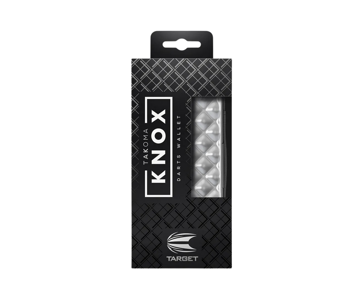 Takoma Knox Silver darts case in retail packaging with clear window showcasing protective ABS hard shell