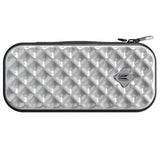 Silver ABS darts case with diamond texture, top-down view, hard shell protection, isolated on white background
