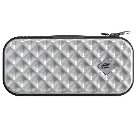 Silver ABS darts case with diamond texture, top-down view, hard shell protection, isolated on white background