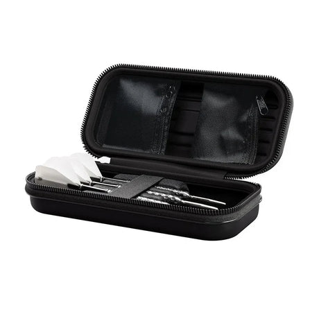 Open darts case with three assembled darts, interior mesh pockets, angled view on white background