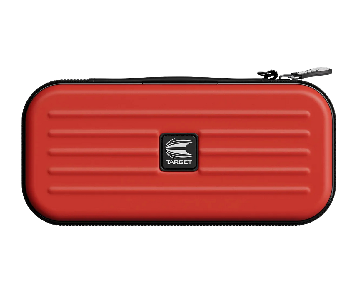 Red EVA darts case full front view with zipper, horizontal grooves, and molded protective design for dart storage