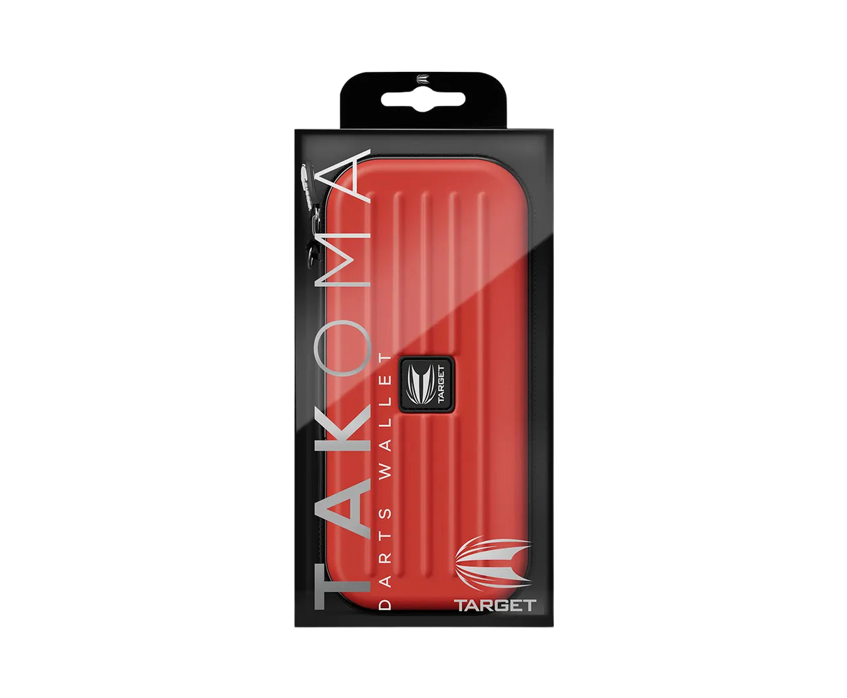 Red darts case in retail packaging, full product view highlighting durable EVA shell and molded grooves for dart storage.