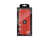 Red darts case in retail packaging, full product view highlighting durable EVA shell and molded grooves for dart storage.