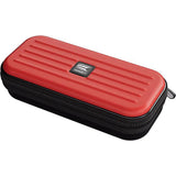 Angled view of red EVA darts case with zipper, grooved protective shell, and compact design for dart equipment storage
