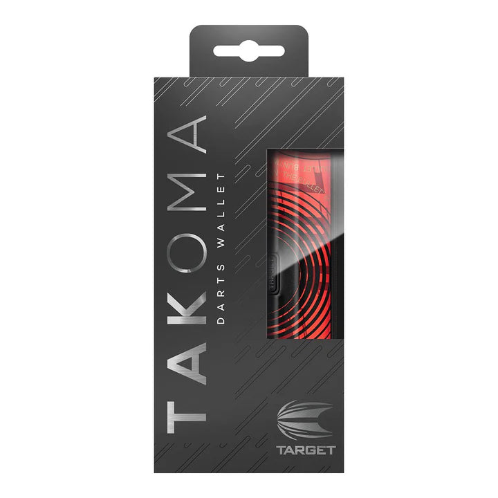 Takoma Stephen Bunting darts case in retail packaging with red concentric circle design visible through window