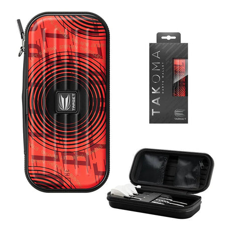 Red Takoma Stephen Bunting darts case front, retail packaging box, and open case with darts displayed on white background