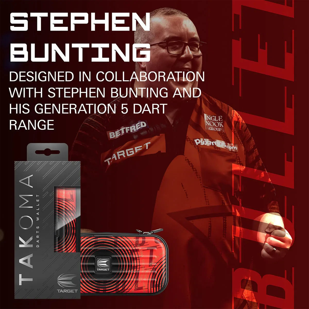 Takoma Stephen Bunting darts case and packaging with red-black pattern shown on display, ideal for professional dart storage.