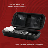 Open darts case angled view with three fully assembled darts secured, mesh zip pockets for accessories, dart storage solution