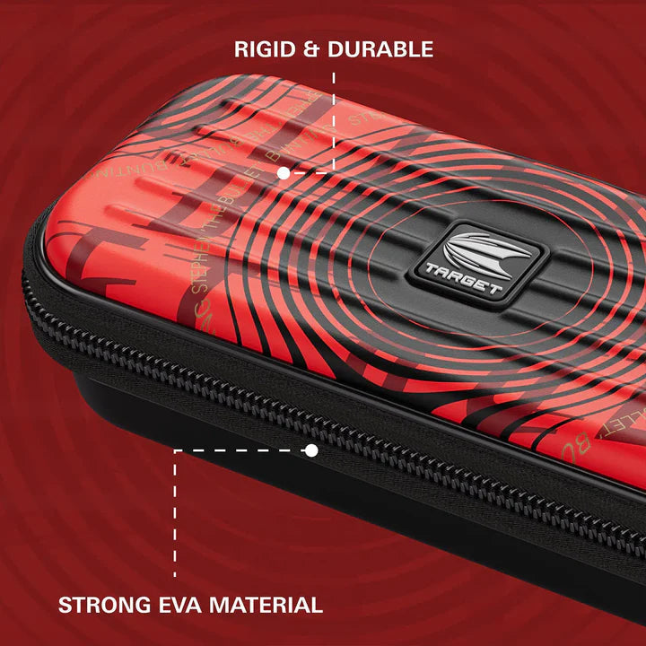Close-up angled shot of red dart case showing rigid durable shell, strong EVA material, zipper detail, ideal for dart storage protection