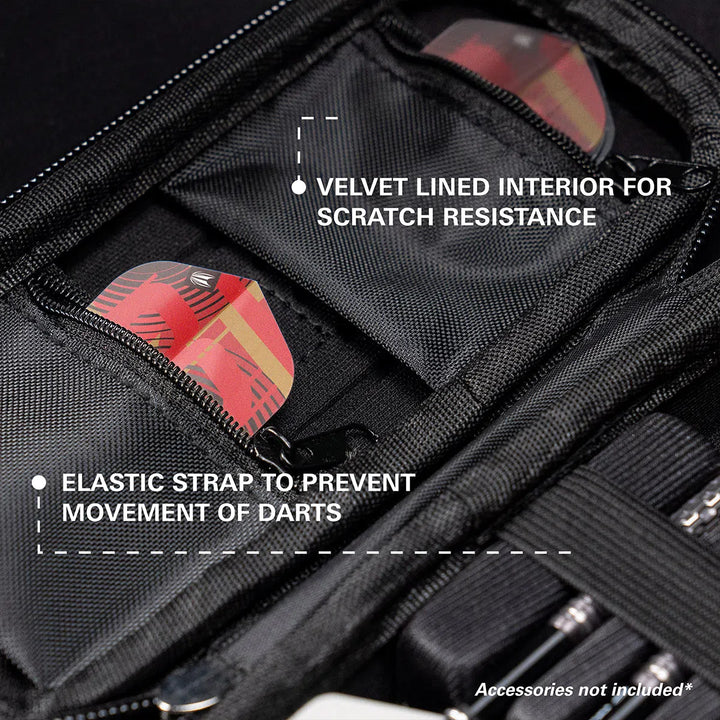 Close-up of darts case interior with velvet lining, elastic strap, and dart flights stored in zip pockets for protective dart storage.