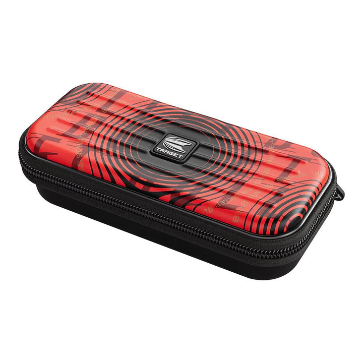Angled view of Stephen Bunting darts case in red-black with zipper closure, hard shell, and concentric target graphic, isolated on white background