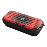 Angled view of Stephen Bunting darts case in red-black with zipper closure, hard shell, and concentric target graphic, isolated on white background