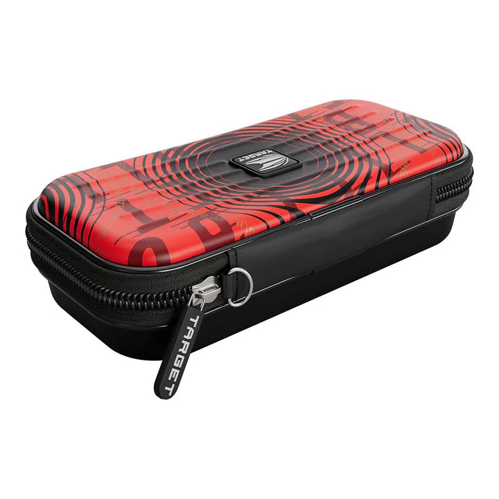 Angled view of Takoma Stephen Bunting darts case closed, featuring red and black textured shell, visible zipper, isolated on white.