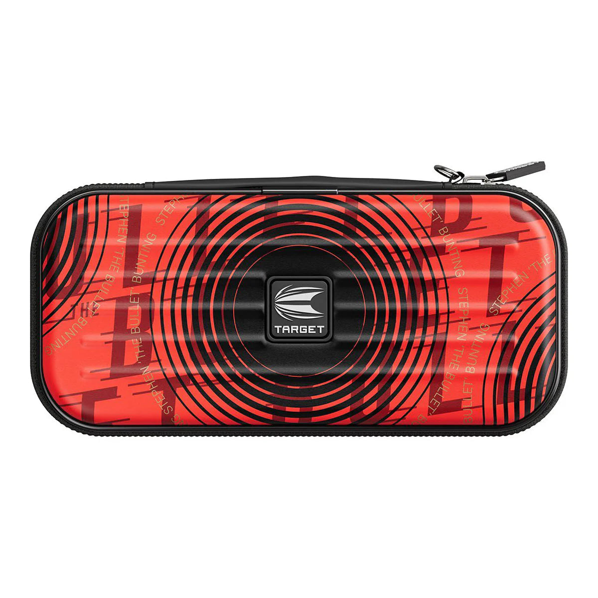 Rectangular red and black darts case with zip closure, target graphic, and Stephen Bunting design, full product view on white background