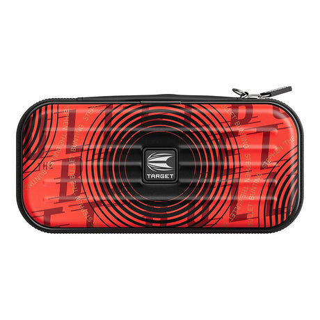 Rectangular red and black darts case with zip closure, target graphic, and Stephen Bunting design, full product view on white background