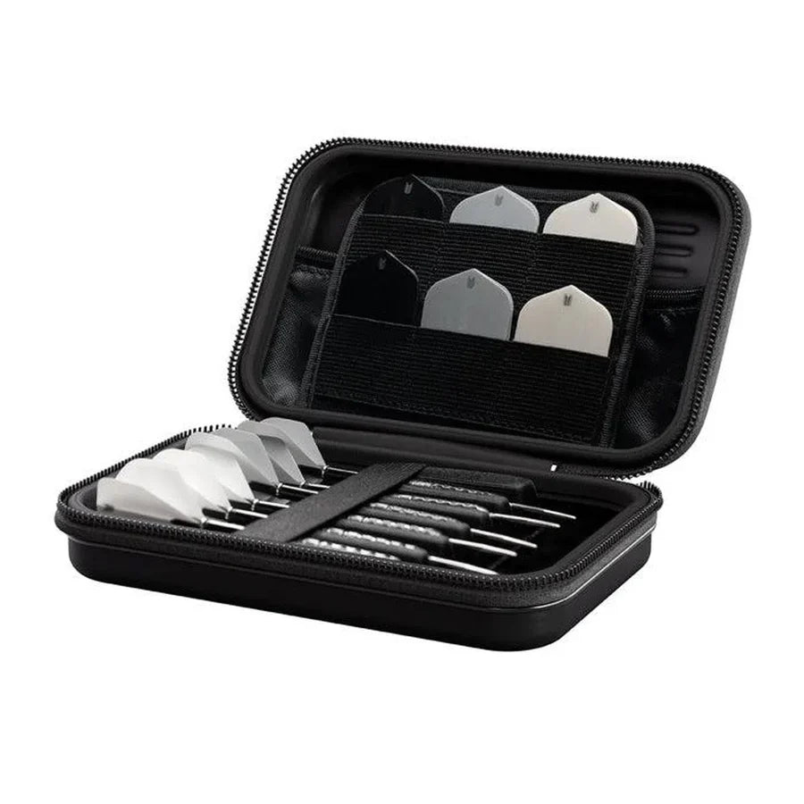 Open black darts case showing six assembled darts with textured grips and extra flights in storage pockets, angled product view