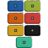 Takoma XL dart cases in seven colors displayed top-down on white background, showing zippered hard shell storage for darts