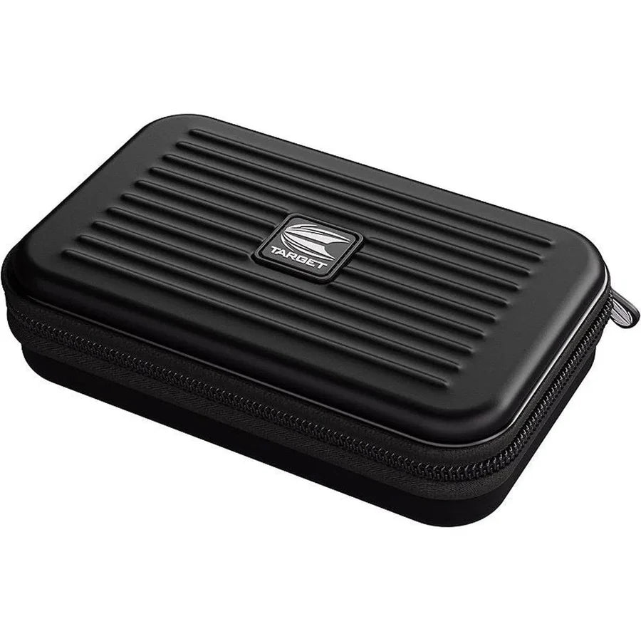 Black XL darts case with grooved rigid EVA shell and zipper, angled view isolated on white background for dart storage and protection