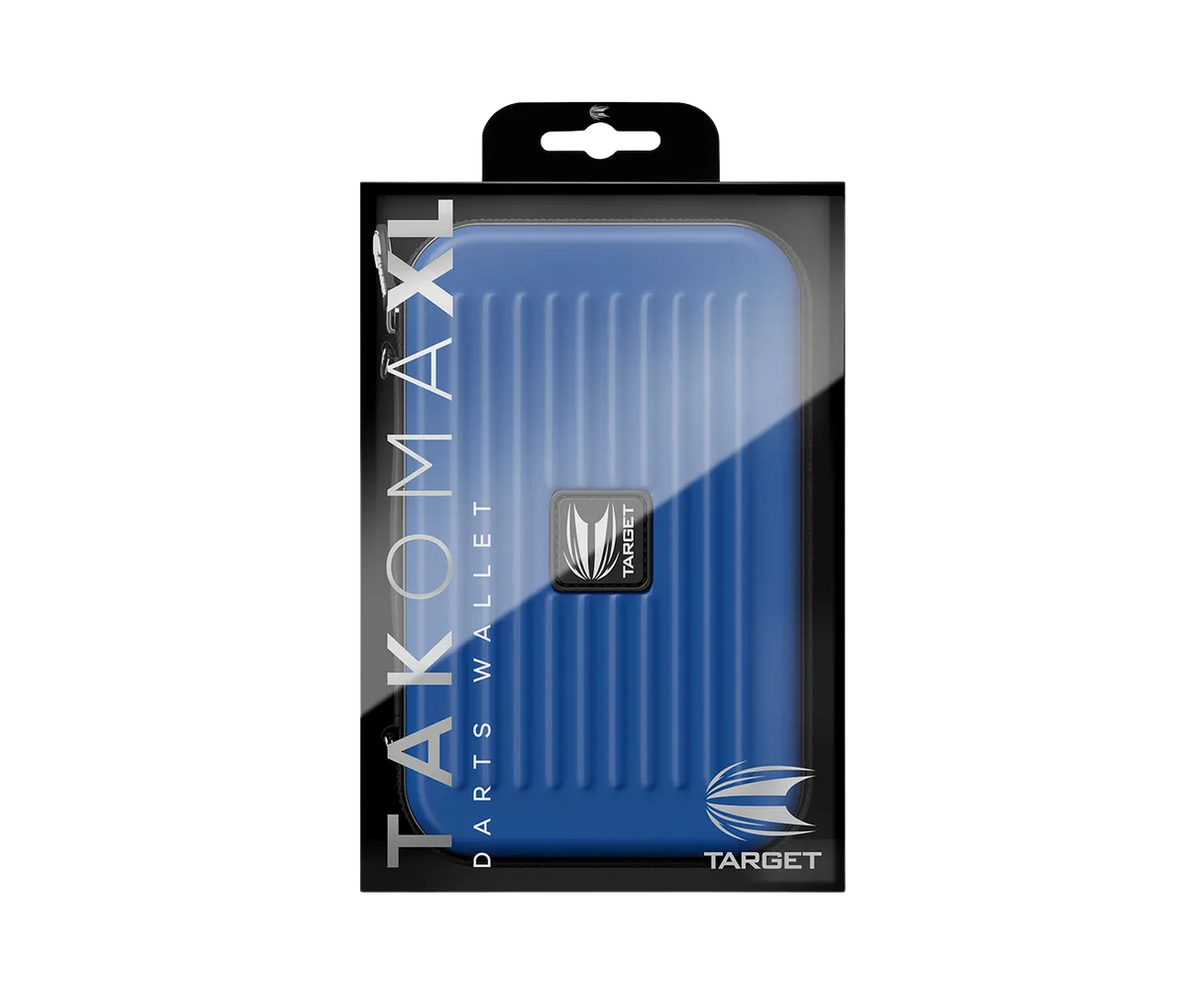 Takoma XL blue dart case in retail packaging, front view shows rigid ribbed EVA shell ideal for organized dart storage