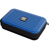 Angled view of XL blue dart case with zip closure, rigid shell, and ribbed design, isolated on white for dart storage