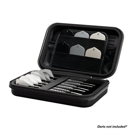 Open dart case angled view showing organized dart storage, elastic bands for darts, and interior flight pockets on white background