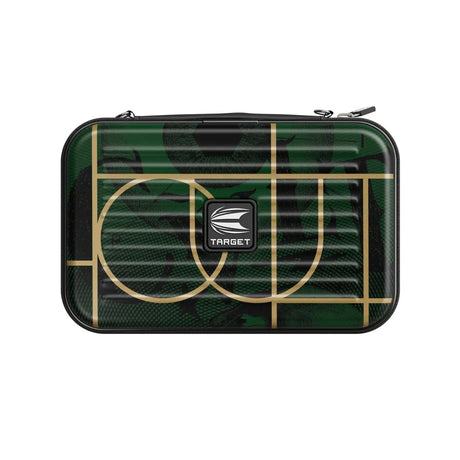Top-down view of large green and black darts case with gold geometric design, hard shell exterior, and zippered closure for dart storage