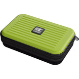 Angled view of green XL dart case with zipper closure, ribbed hard shell, ideal for storing darts and accessories