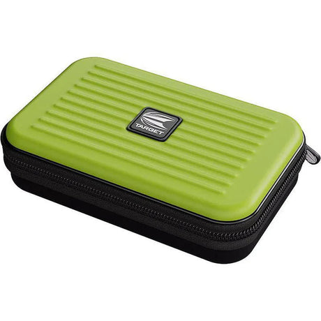 Angled view of green XL dart case with zipper closure, ribbed hard shell, ideal for storing darts and accessories