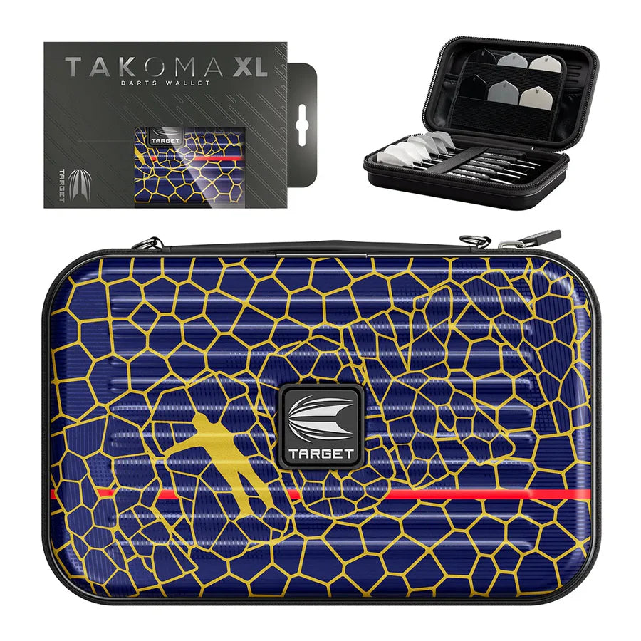 Takoma XL Josh Rock darts case composite with packaging, close-up of blue and gold geometric case, and open view displaying dart storage
