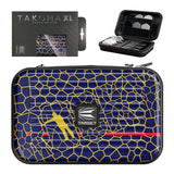 Takoma XL Josh Rock darts case composite with packaging, close-up of blue and gold geometric case, and open view displaying dart storage