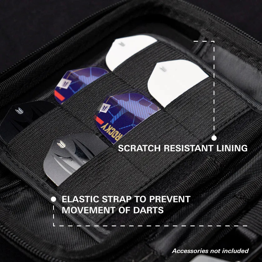 Close-up of dart case interior with dart flights held by elastic straps, showing scratch resistant lining for secure dart storage.