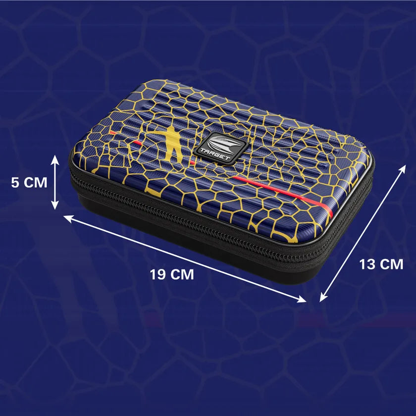 Angled view of XL darts case with blue and yellow pattern, zipper closure, and size dimensions 19 x 13 x 5 cm shown for scale