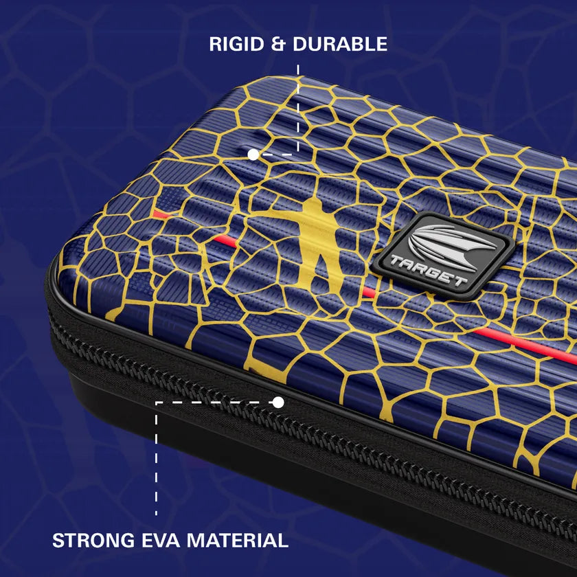 Angled close-up of Josh Rock darts case showing blue and yellow textured shell, strong EVA material, and sturdy zipper for dart storage